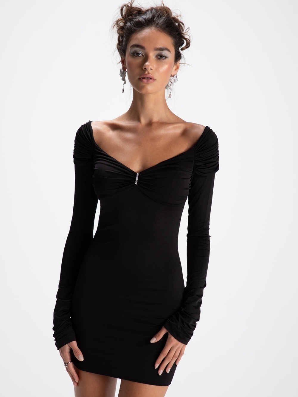 Nana Jacqueline Black Off-Shoulder Ruched Long-Sleeve Mini Dress